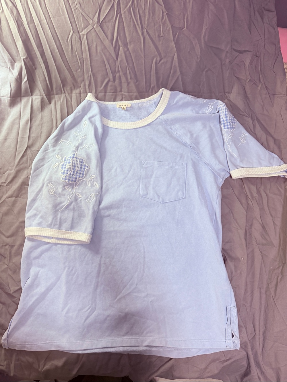 JODIFL Sky Blue Short Sleeve Tee with Embroidered Floral Sleeves